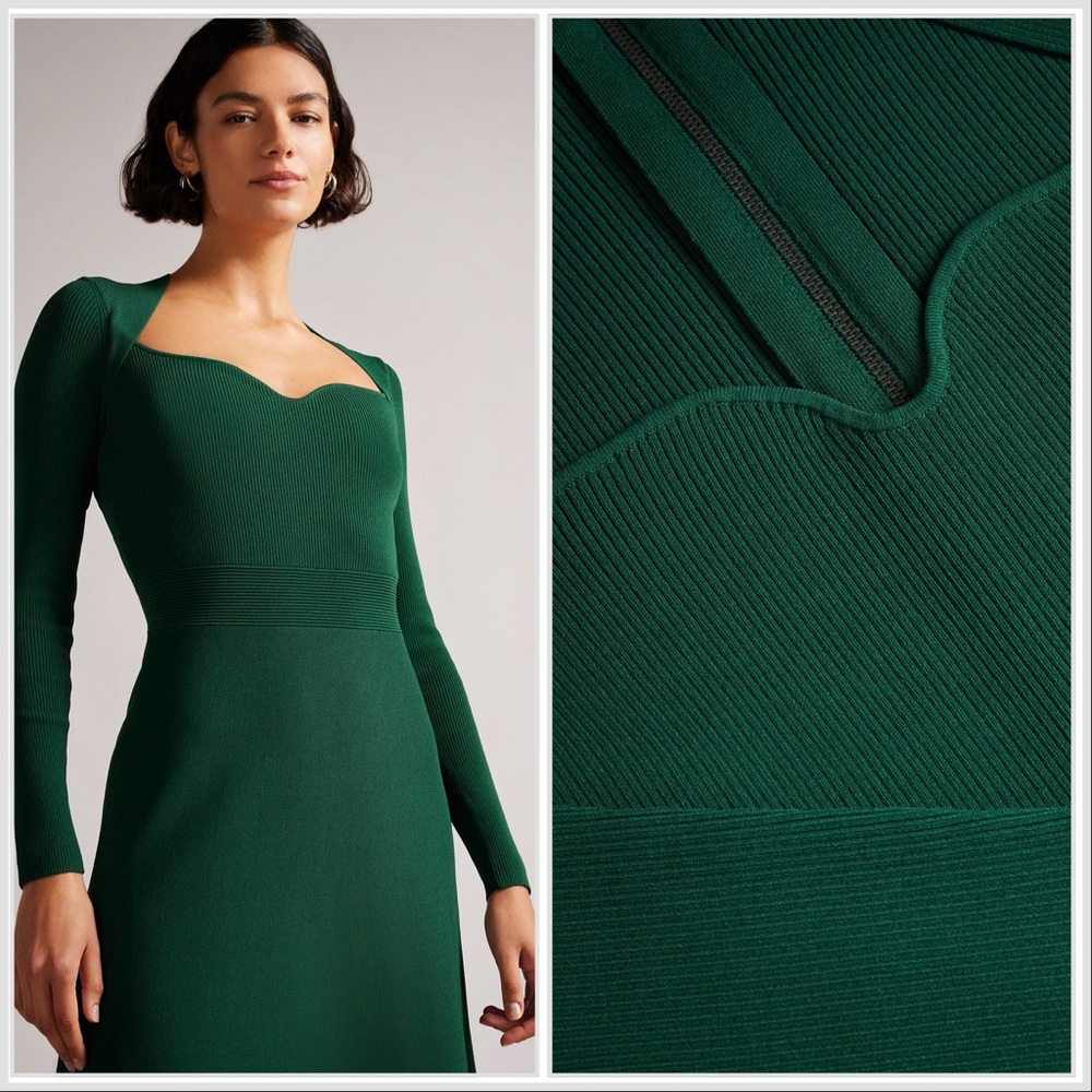 Ted Baker Forest Green Long Sleeve Dress sweetheart size 0 XS / S ribbed midi - Picture 2 of 10